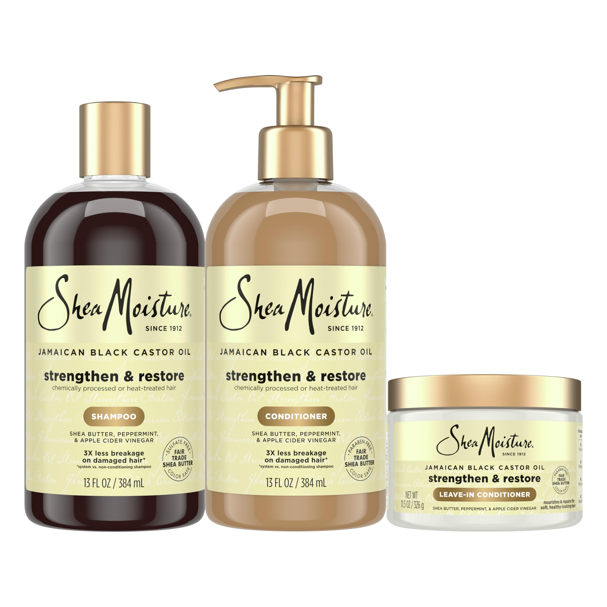 SheaMoisture Strengthen & Restore Shampoo, Conditioner & Leave-In Bundle Jamaican Black Castor Oil 3 Pack to Cleanse & Nourish Dry, Damaged Hair