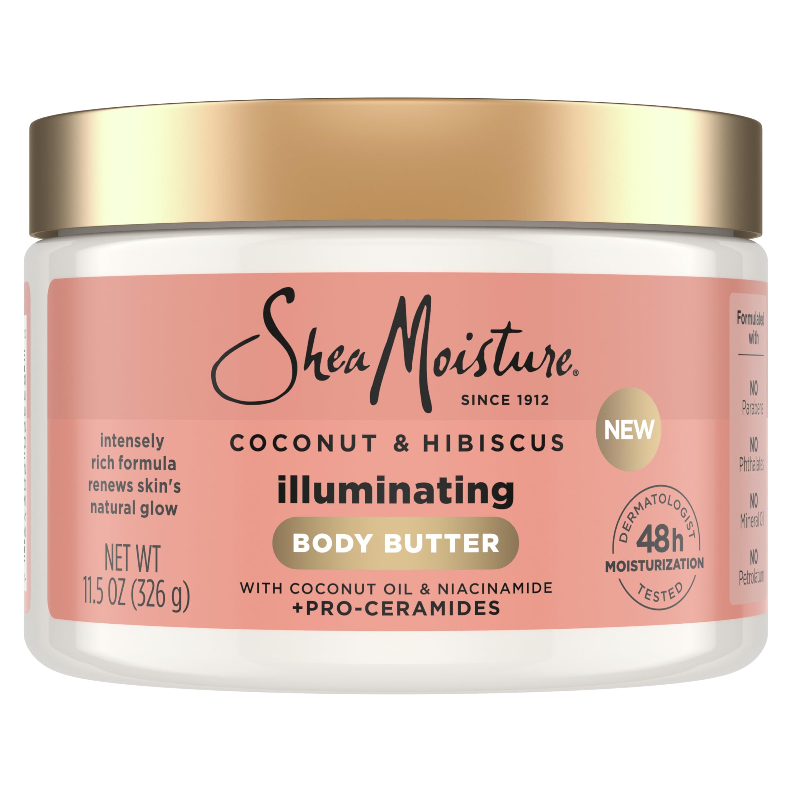 SheaMoisture Illuminating Body Butter with Coconut & Hibiscus, Niacinamide and Pro-Ceramides, Renewing Skin’s Natural Glow, 48H Moisturizing 11.5 oz