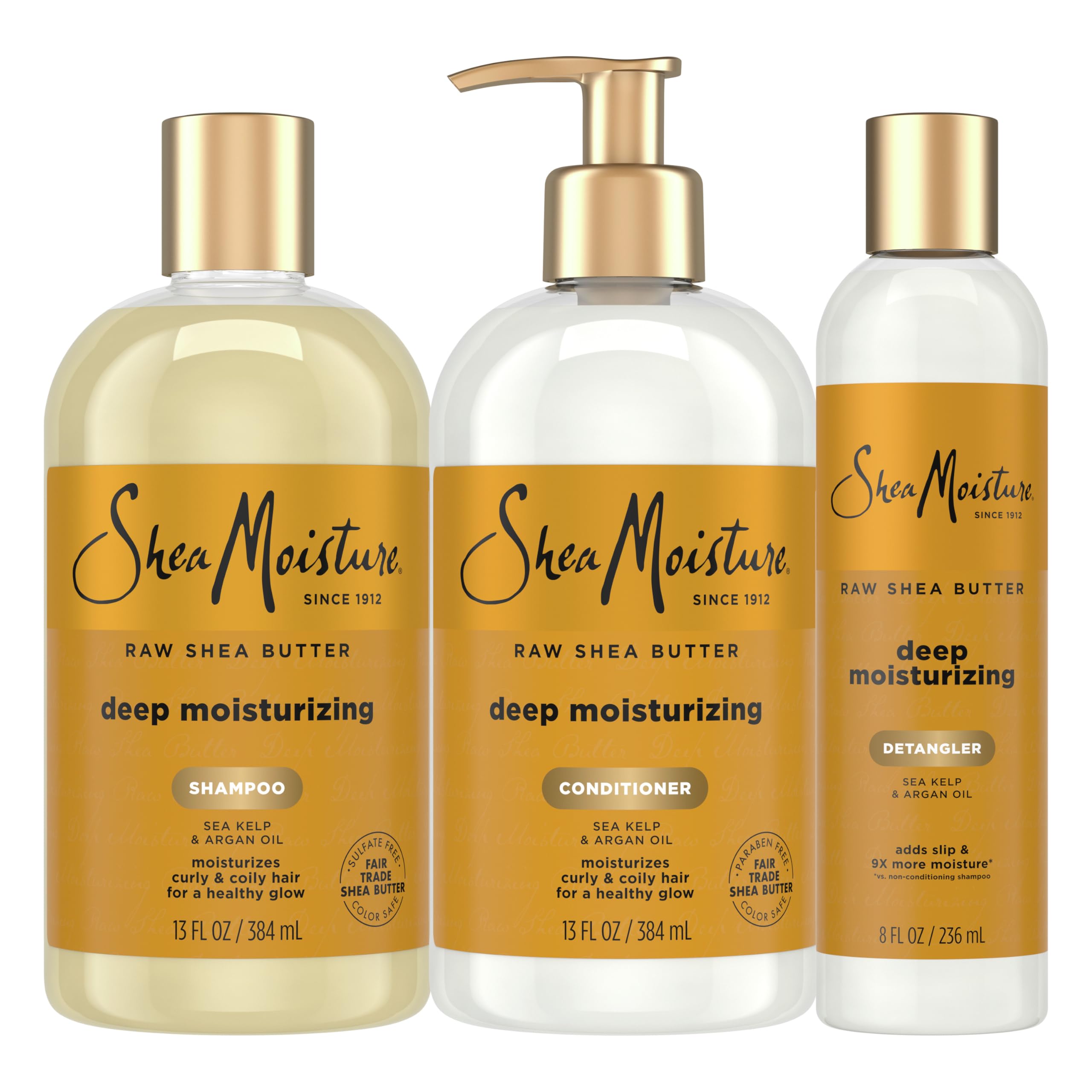 SheaMoisture Deep Moisturizing Hair Care 3 Count Raw Shea Butter For Curly, Dry and Damaged Hair Sulfate Free Shampoo and Conditioner, Hair Detangler with Sea Kelp and Argan Oil