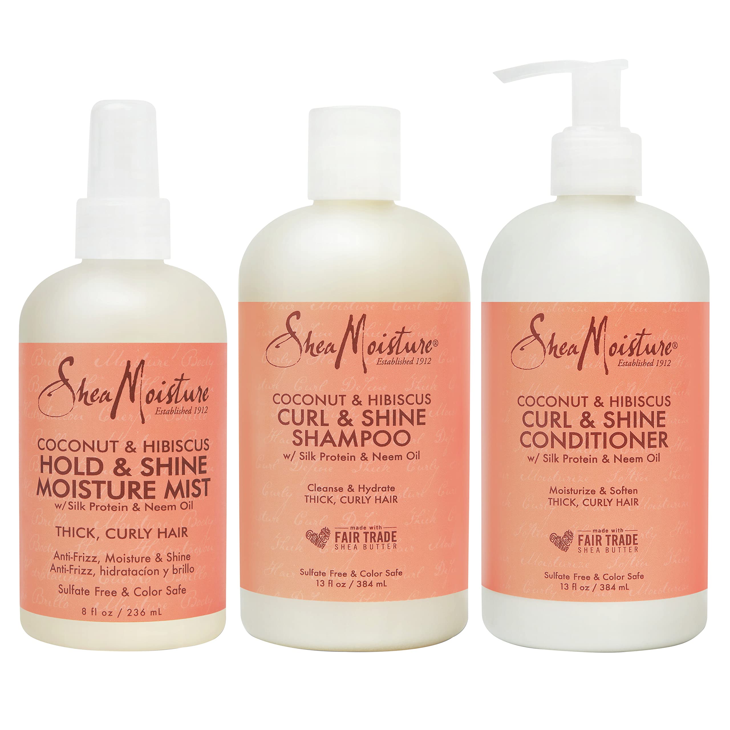 SheaMoisture Moisturize and Define Shampoo, Conditioner, and Curl and Shine Mist for Curly Hair Care Coconut and Hibiscus with Shea Butter and Coconut Oil