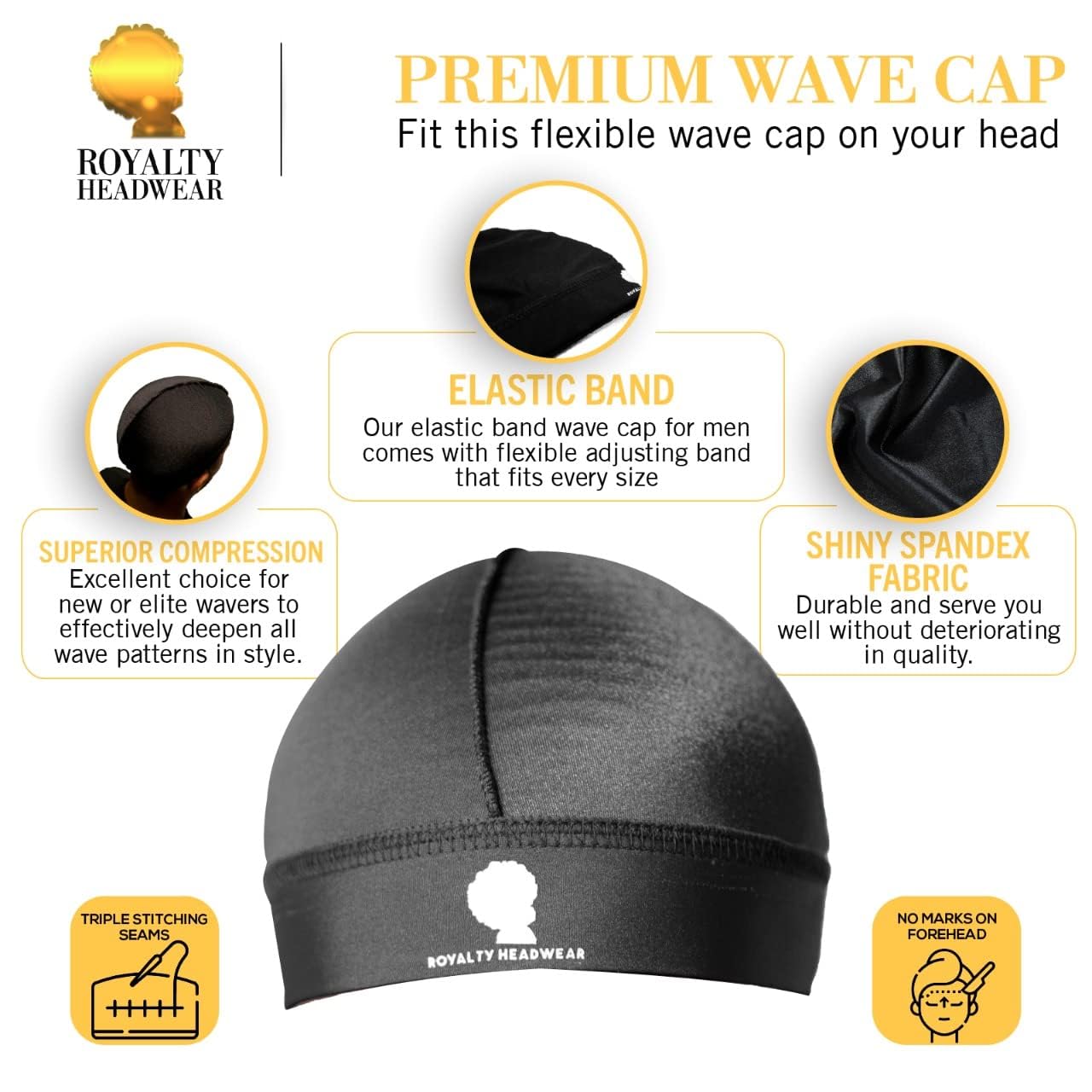 Royalty Headwear Silky Wave Cap for 360, 540 & 720 Waves, Soft Breathable Durag Skull Cap Beanie for Men